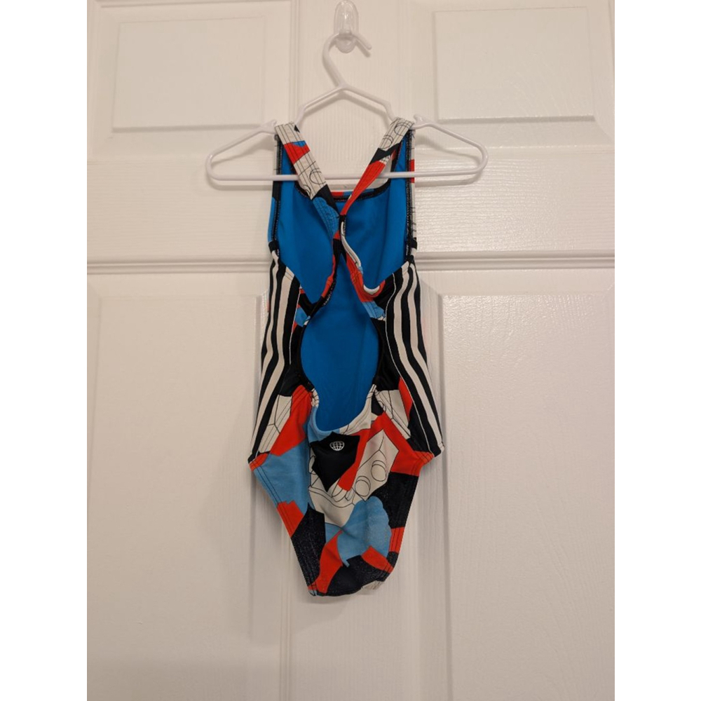 Girls Adidas x LEGO One Piece Swimsuit 5-6A Red Blue Black White Legoland Vacay - Picture 4 of 5